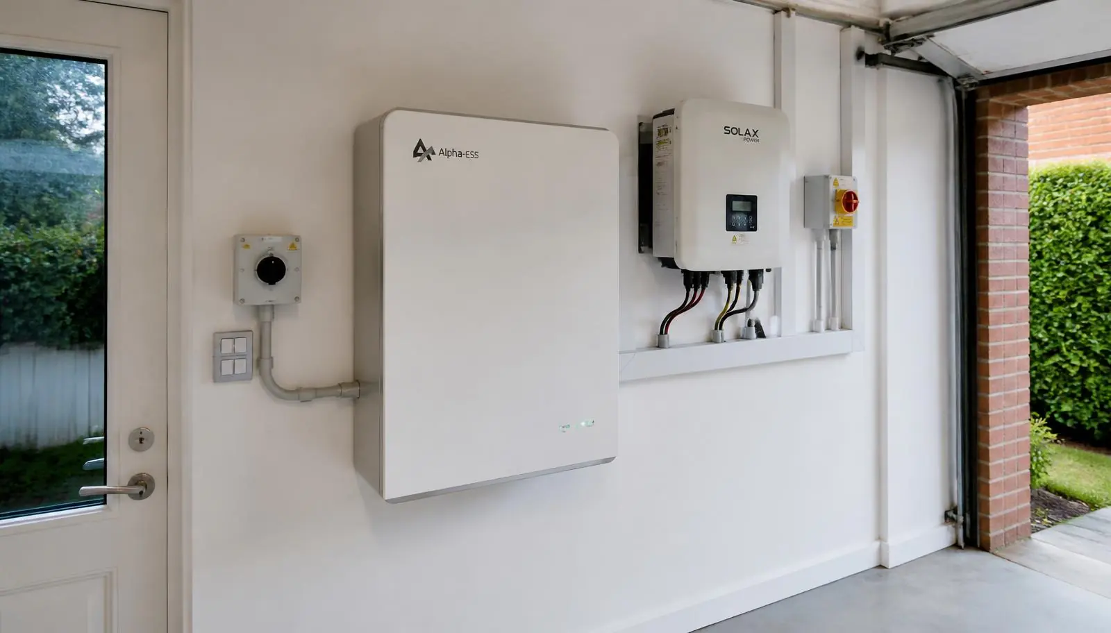 Home battery and hybrid inverter installed in a garage