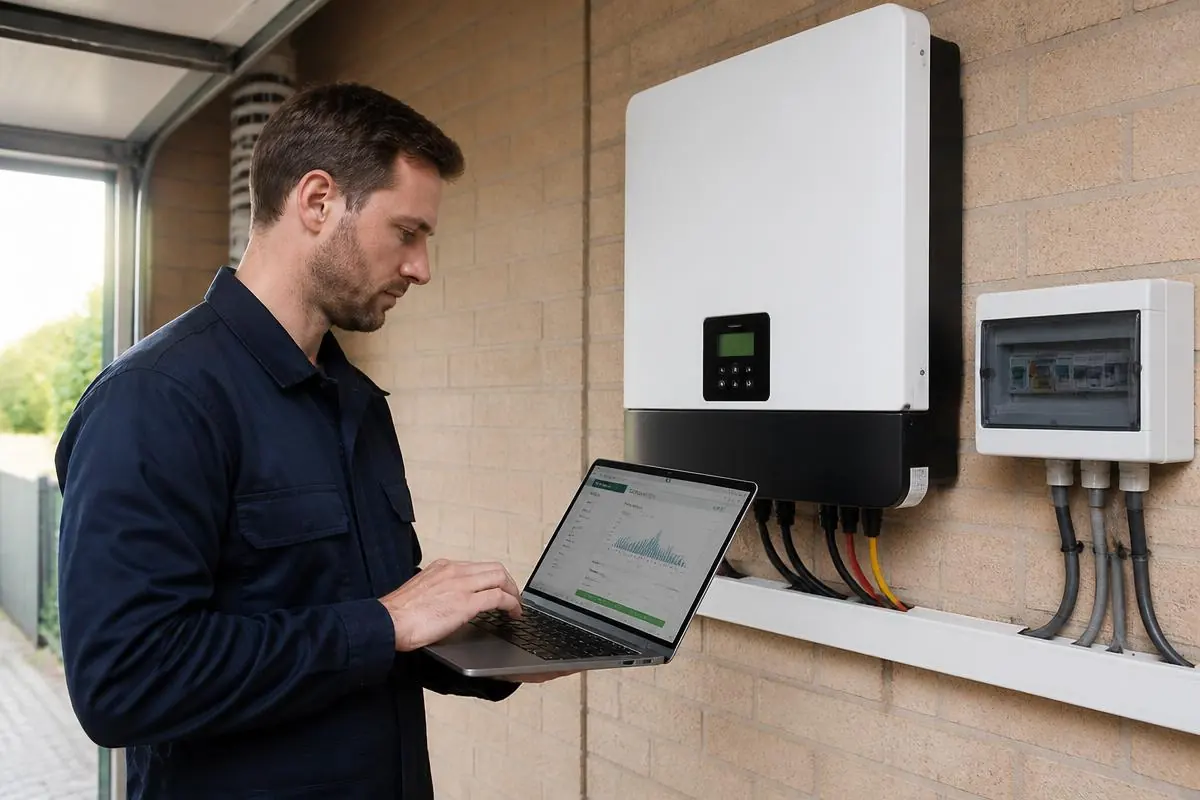 Engineer commissioning an inverter with a laptop
