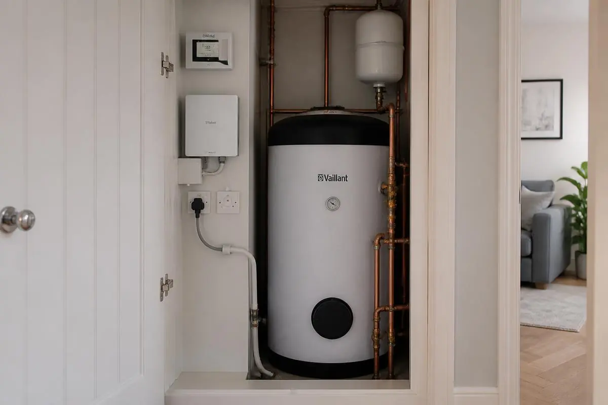 Heat pump hot water cylinder in an airing cupboard