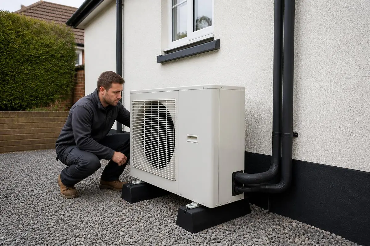 Air source heat pump installed beside a bungalow