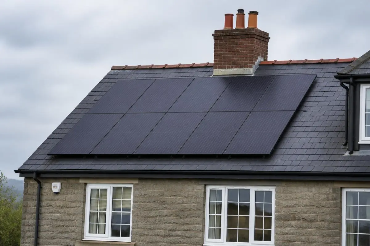 Solar panels on a slate roof of a semi detached home